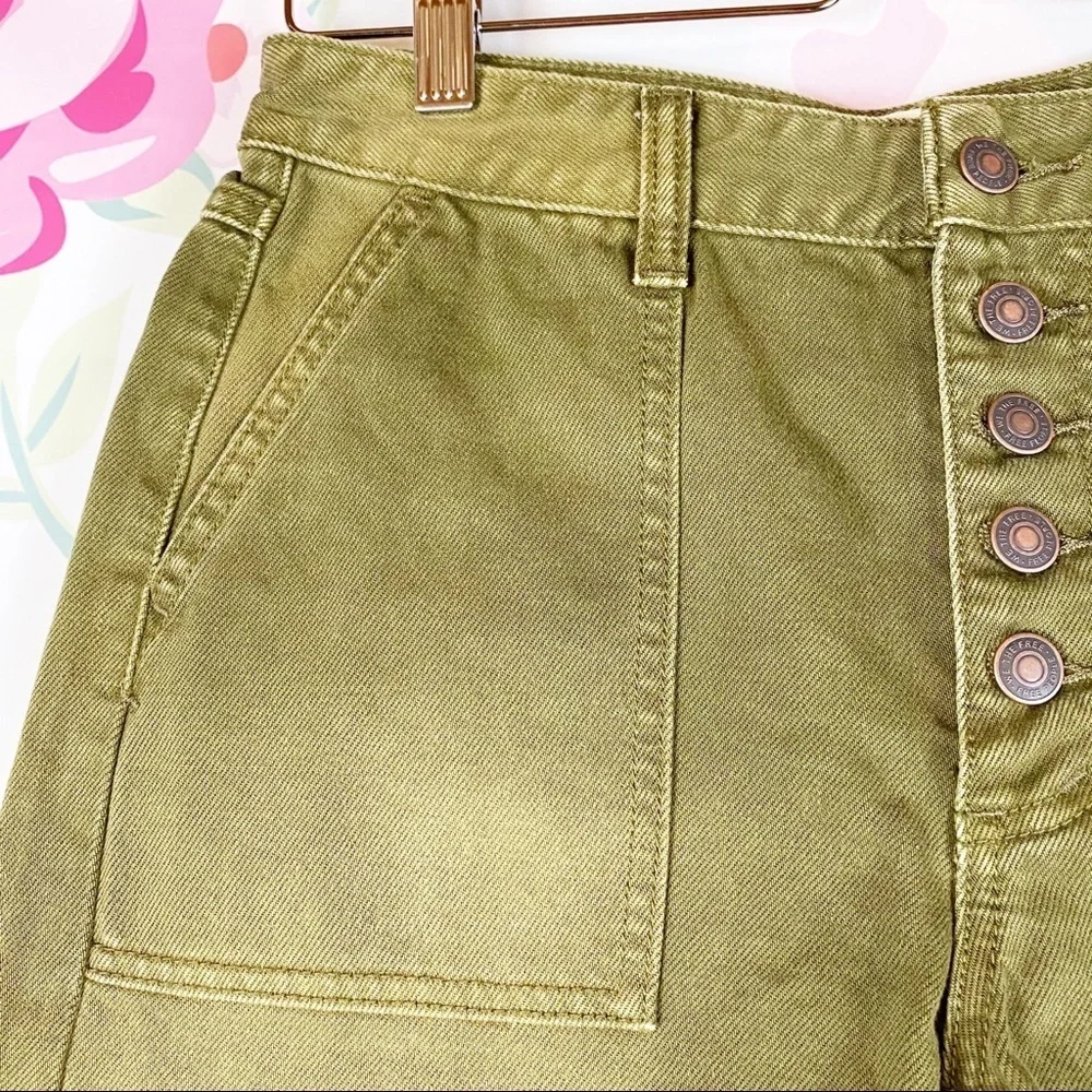 NEW Free People High Rise Distressed Button Fly Olive Army Green Denim Shorts 26